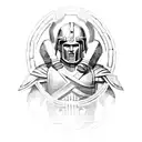 Spartan Hoplite in battle stance standing in front of the greek parthenon in athens tattoo design idea