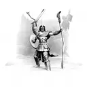 Spartan Hoplite in battle stance standing in front of the greek parthenon in athens tattoo design idea