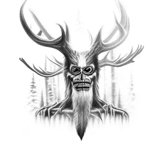 traditional Wendigo for forearm, realistic, with a background, native american inspired  tattoo design idea