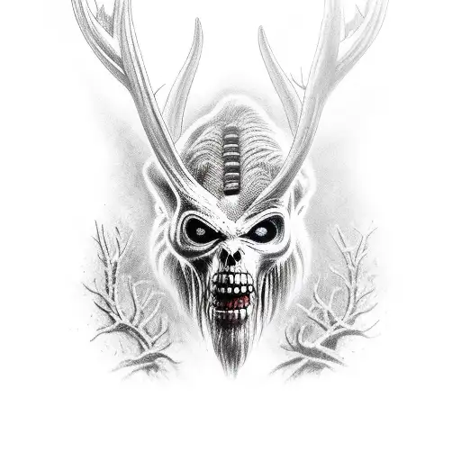traditional Wendigo for forearm, realistic, with a background, native american inspired  tattoo design idea