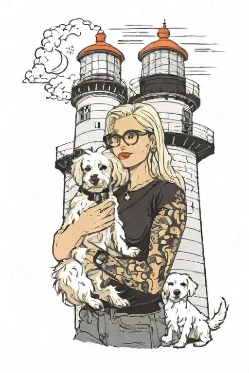 a blonde woman wearing glasses holding a baby with black hair in front of a lighthouse. near the woman is a maltese dog tattoo design idea