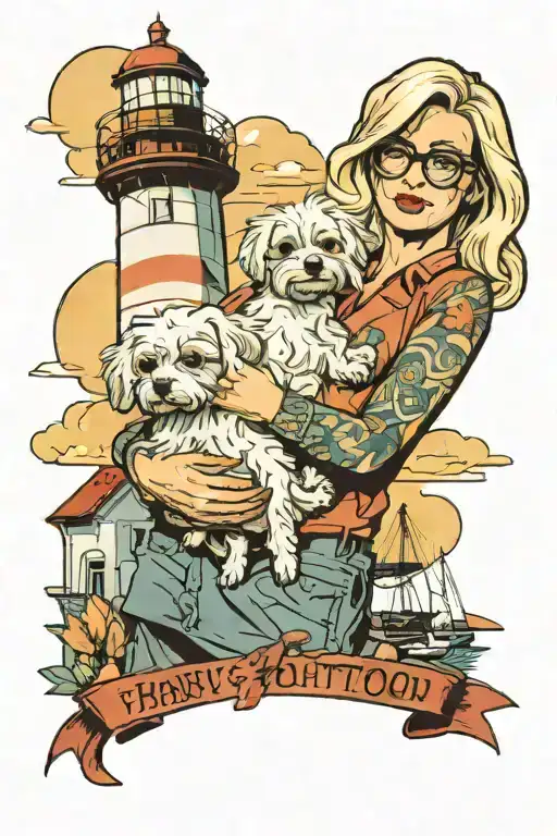 a blonde woman wearing glasses holding a baby with a maltese dog nearby in front of a lighthouse tattoo design idea