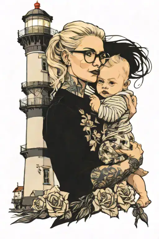 a blonde woman wearing glasses holding a baby with black hair in front of a lighthouse. tattoo design idea