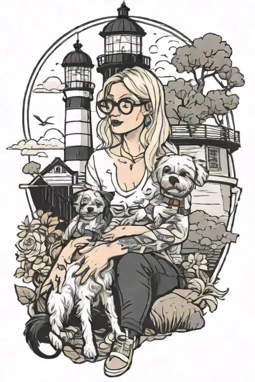 a blond girl wearing glasses holding a black haired baby and a maltese dog nearby in front of a lighthouse tattoo design idea