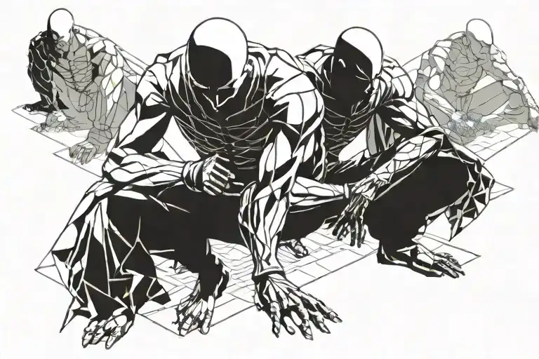 saitama squatting with 5 shadows of men squatting behind him  tattoo design idea