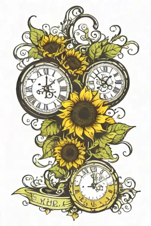 sunflower field with two clocks and lime green ribbon tattoo design idea