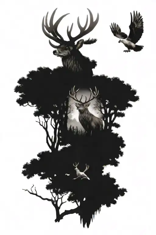 red stag standing, eagle flying, fallow buck standing in woods, kookaburra perched tattoo design idea