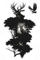 red stag standing, eagle flying, fallow buck standing in woods, kookaburra perched tattoo design idea