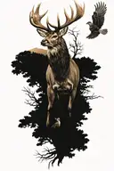 red stag standing, eagle flying, fallow buck standing in woods, kookaburra perched tattoo design idea