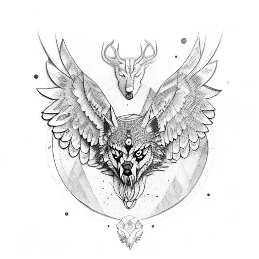 Hawk with Wolf and buck in wing tattoo design idea