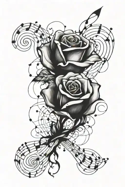 A watercolor geometric rose intertwined with musical notes tattoo design idea