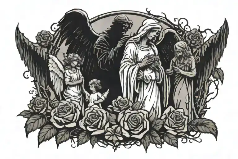 family silhouette with roses and angel tattoo design idea
