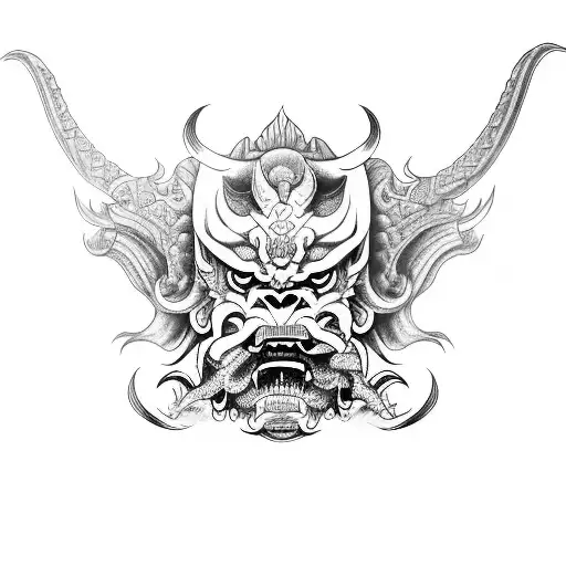 fu dog oni mask sleeve tattoo design idea
