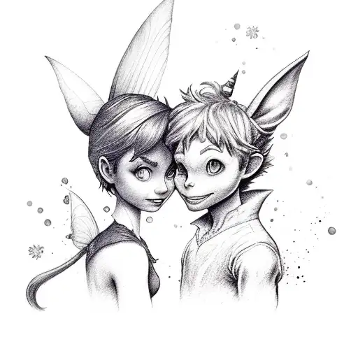 a watercolour style peter pan and tinkerbell tattoo design idea