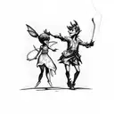 A sketch-style tattoo of Peter Pan and Tinkerbell jamming with a band tattoo design idea