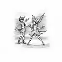 A sketch-style tattoo of Peter Pan and Tinkerbell jamming with a band tattoo design idea