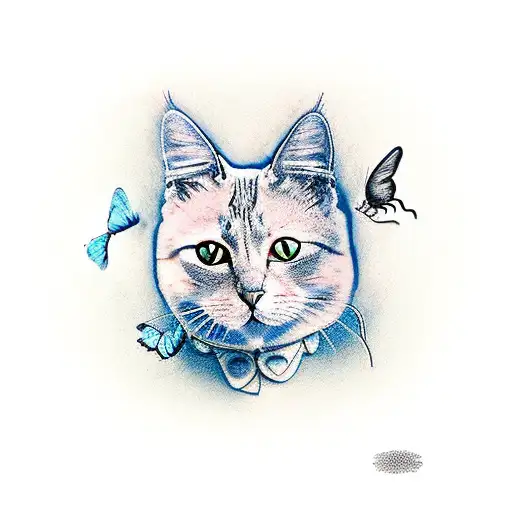 cat whith a butterfly on the nose tattoo design idea