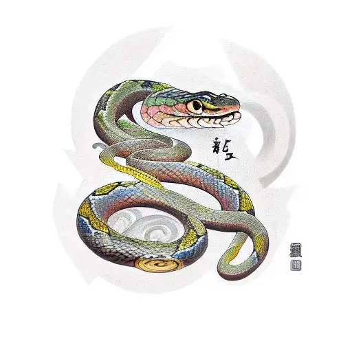 Snake wrapped around the shoulder with elements of trees and architecture   tattoo design idea