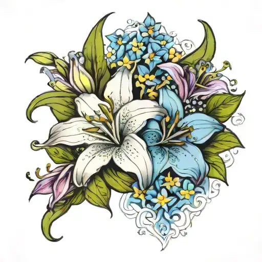 Casablanca lily and forget-me-not flower  tattoo design idea