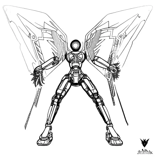 A cyberpunk-inspired greek mythology Icarus with robotic wings tattoo design idea