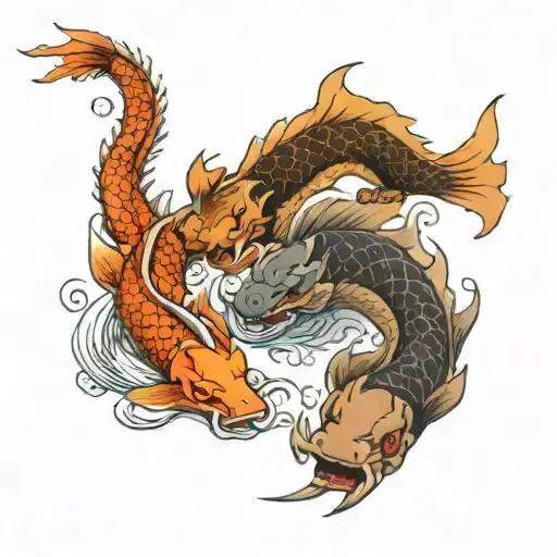 2 dragons and a koi fish swimming tattoo design idea
