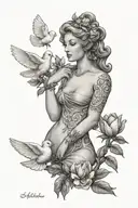 Aphrodite with a dove, seashells and myrtle tree in the backround tattoo design idea