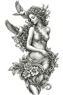 Aphrodite with a dove, seashells and myrtle tree in the backround tattoo design idea