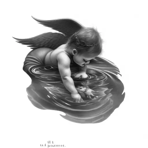 a little angel playing in the water and inside the water and a devil looking at the angel through the water  tattoo design idea