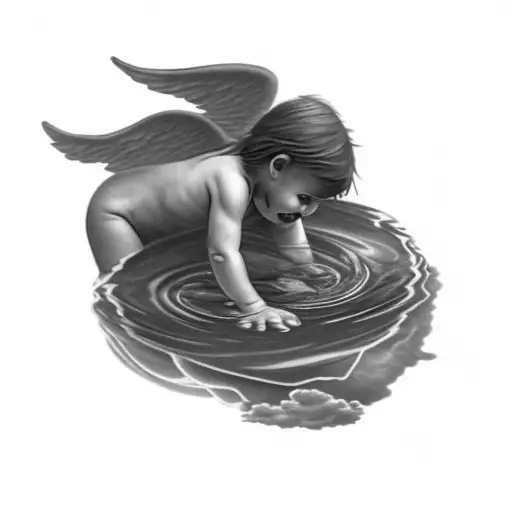 a little angel playing in the water and seeing a devil face in ilthe water tattoo design idea