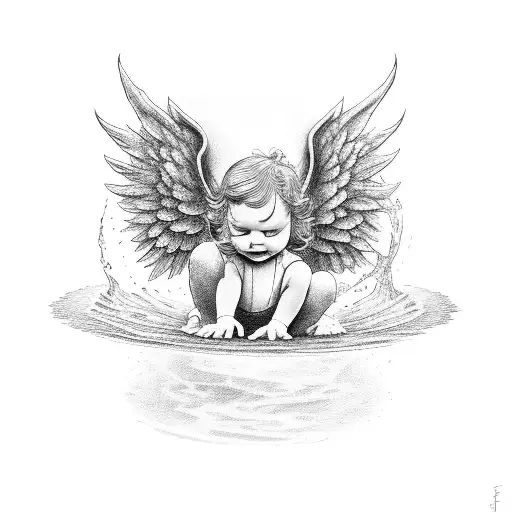 a little angel staring into a puddle of water and seeing the devil tattoo design idea