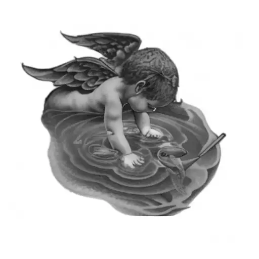 a little angel playing in the water and seeing a pineapple in the water tattoo design idea