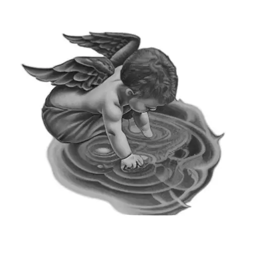 a little angel playing in the water and seeing a devil face in ilthe water tattoo design idea