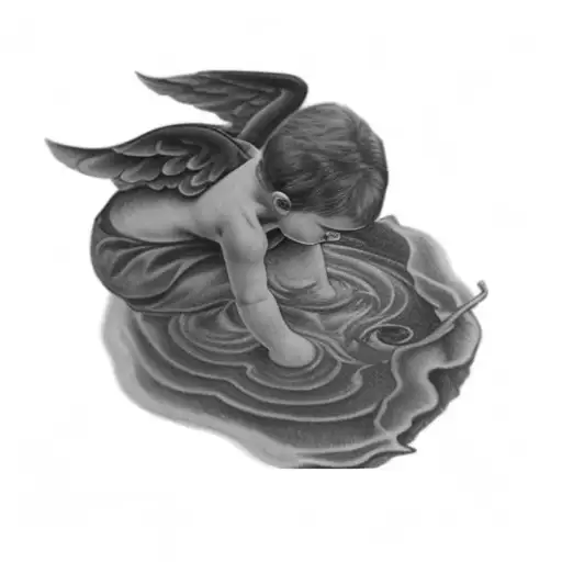 a little angel playing in the water and inside the water there is a devil face  tattoo design idea