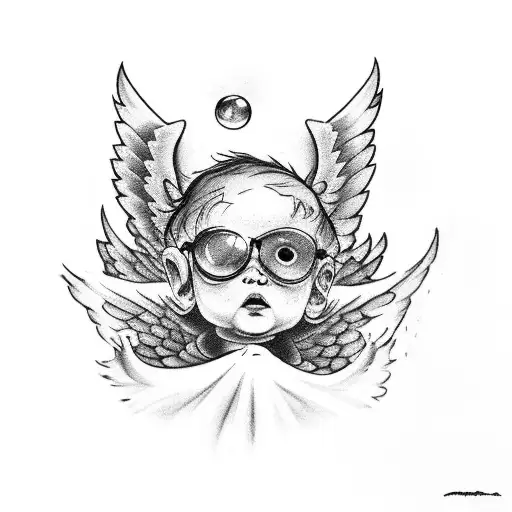 a tattoo seen from above of a little angel looking at a puddle of water and seeing the devil inside it tattoo design idea