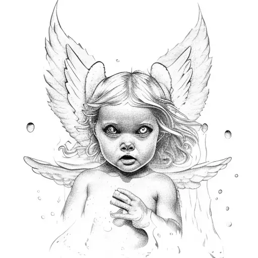 a little angel playing in the water and inside the water and a devil looking at the angel through the water  tattoo design idea