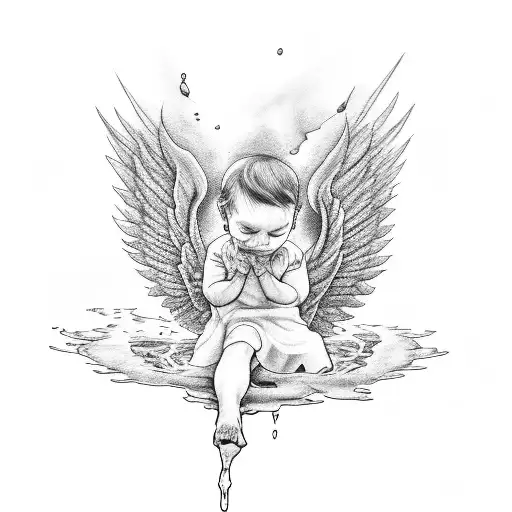 a tattoo seen from above of a little angel looking at a puddle of water and seeing the devil inside it tattoo design idea