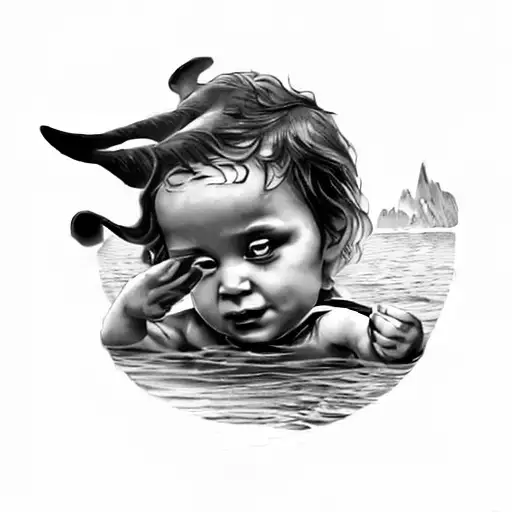 a little angel playing in the water and seeing a devil face in ilthe water tattoo design idea