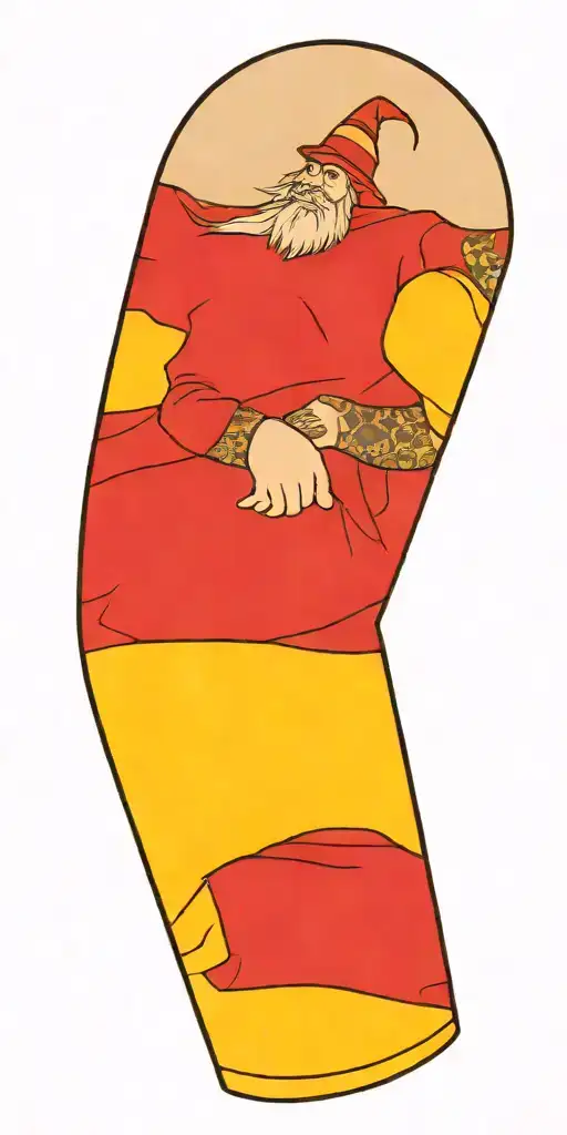 wizard patchwork sleeve minimal background tattoo design idea