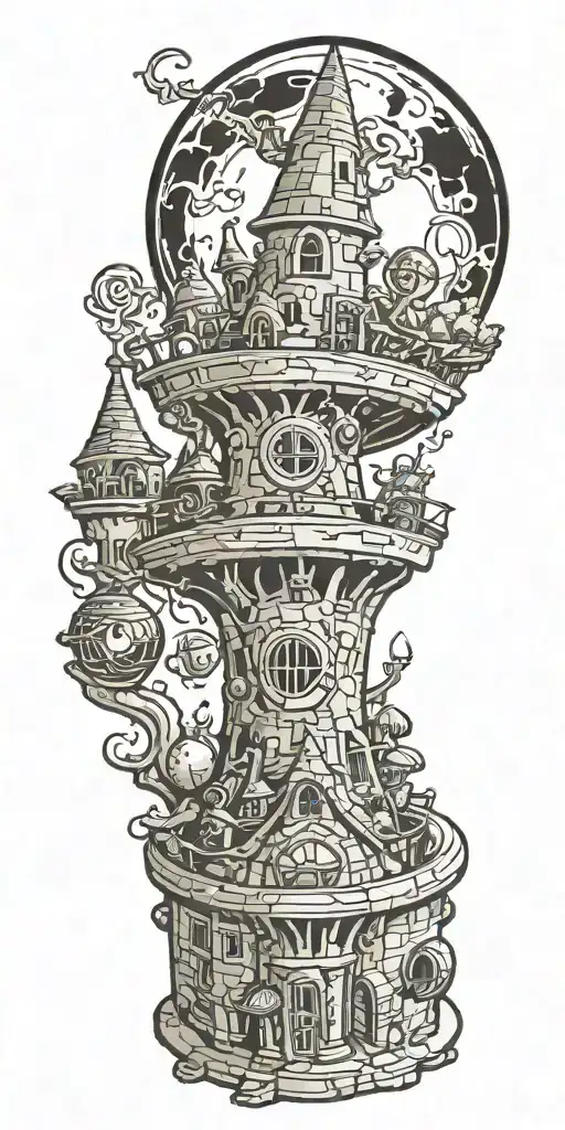 Wazards and wizard tower and wizard casting spell magic ball tattoo design idea