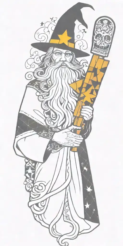 wizard patchwork sleeve minimal background tattoo design idea