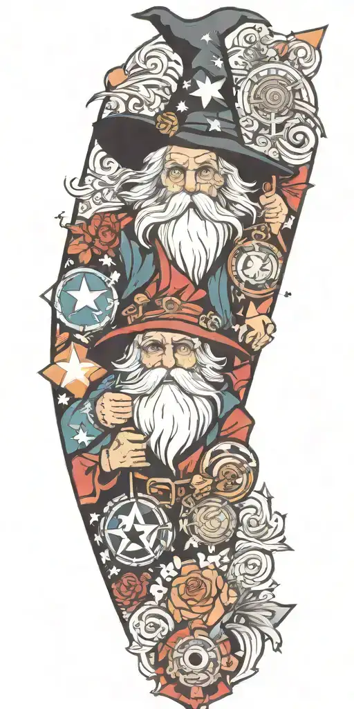 wizard patchwork sleeve minimal background tattoo design idea