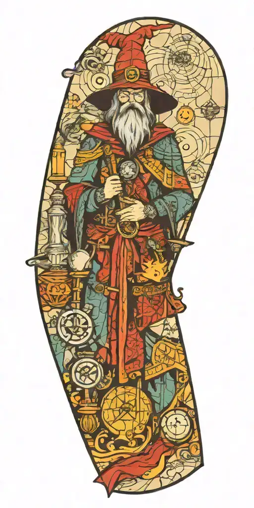 wizard patchwork sleeve minimal background tattoo design idea