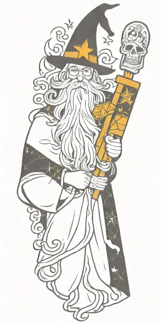 wizard patchwork sleeve minimal background tattoo design idea