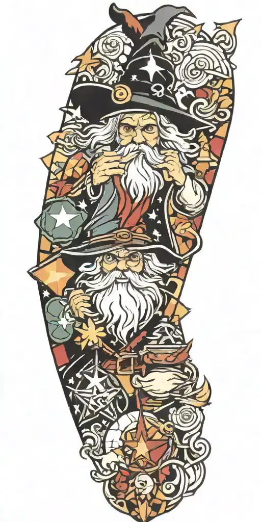 wizard patchwork sleeve tattoo design idea