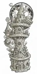 Wazards and wizard tower and wizard casting spell magic ball tattoo design idea
