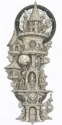 Wazards and wizard tower and wizard casting spell magic ball tattoo design idea