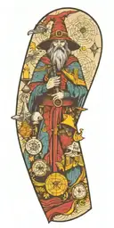 wizard patchwork sleeve minimal background tattoo design idea