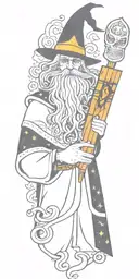 wizard patchwork sleeve minimal background tattoo design idea