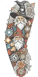 wizard patchwork sleeve minimal background tattoo design idea