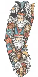 wizard patchwork sleeve minimal background tattoo design idea